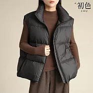 【初色】簡約寬鬆保暖抽繩下擺立領羽絨外搭馬甲背心女背心-共4色-16546(S/M可選) S 黑色