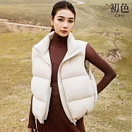 【初色】簡約寬鬆保暖抽繩下擺立領羽絨外搭馬甲背心女背心-共4色-16546(S/M可選) M 米白色