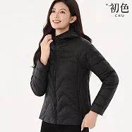 【初色】休閒簡約寬鬆保暖禦寒別緻口袋拉鍊式波浪線條連帽立領長袖羽絨衣外套女外套-共6色-16531(M-4XL可選) 4XL 黑色