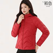 【初色】休閒簡約寬鬆保暖禦寒別緻口袋拉鍊式波浪線條連帽立領長袖羽絨衣外套女外套-共6色-16531(M-4XL可選) L 紅色