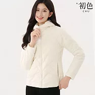 【初色】休閒簡約寬鬆保暖禦寒別緻口袋拉鍊式波浪線條連帽立領長袖羽絨衣外套女外套-共6色-16531(M-4XL可選) L 米白色
