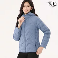 【初色】休閒簡約寬鬆保暖禦寒別緻口袋拉鍊式波浪線條連帽立領長袖羽絨衣外套女外套-共6色-16531(M-4XL可選) XL 藍色