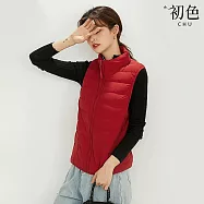 【初色】簡約休閒保暖防潑水收納式拉鍊立領無袖羽絨外套背心馬甲外套女外套-共11色-16519(M-3XL可選) L 紅色