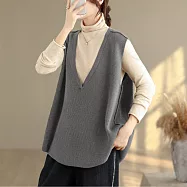 【ACheter】 大V領簡約時尚寬鬆百搭顯瘦針織大碼背心上衣# 126520 FREE 灰色