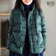 【初色】民族風短款寬鬆撞色單排盤扣立領長袖羽絨外套女外套-共4色-16556(M-2XL可選) M 綠色