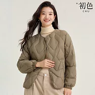 【初色】休閒簡約復古保暖防寒菱格紋排釦圓領長袖羽絨衣外套女外套-共3色-16557(M-XL可選) M 軍綠色