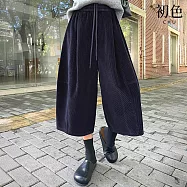 【初色】復古老錢風燈芯絨寬鬆顯瘦純色鬆緊高腰七分闊腿休閒褲寬褲長褲-共2色-16562(M-2XL可選) M 藏青色