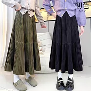 【初色】文藝風純色金絲絨鬆緊高腰顯瘦A字百褶中長裙半身裙長裙-共6色-16570(M-2XL可選) XL 黑色