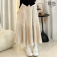 【初色】文藝風純色金絲絨鬆緊高腰顯瘦A字百褶中長裙半身裙長裙-共6色-16570(M-2XL可選) M 米杏色