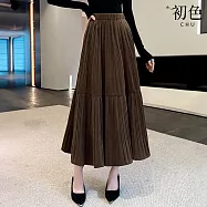 【初色】文藝風純色金絲絨鬆緊高腰顯瘦A字百褶中長裙半身裙長裙-共6色-16570(M-2XL可選) 2XL 咖啡色