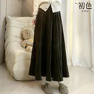 【初色】文藝風純色金絲絨鬆緊高腰顯瘦A字百褶中長裙半身裙長裙-共6色-16570(M-2XL可選) L 深綠色