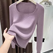 【初色】簡約純色圓領長袖修身內搭打底衣針織衫上衣女上衣-共3色-16580(F可選) F 紫色