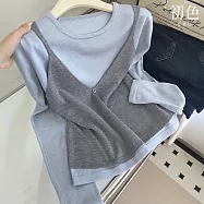 【初色】簡約純色圓領長袖針織衫上衣女上衣+V領無袖馬甲背心女背心套裝-藍灰色-16584(F可選) F 藍灰色