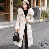 【初色】純色連帽毛領長袖拉鍊排扣科技棉服保暖禦寒長版大衣外套女外套-共4色-16607(M-2XL可選) 2XL 米白色