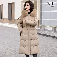 【初色】純色連帽毛領長袖拉鍊排扣科技棉服保暖禦寒長版大衣外套女外套-共4色-16607(M-2XL可選) M 卡其色