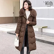 【初色】純色連帽毛領長袖拉鍊排扣科技棉服保暖禦寒長版大衣外套女外套-共4色-16607(M-2XL可選) XL 咖啡色