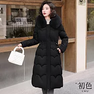 【初色】純色連帽毛領長袖拉鍊排扣科技棉服保暖禦寒長版大衣外套女外套-共4色-16607(M-2XL可選) XL 黑色