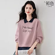 【初色】甜美撞色翻領長袖字母印花假兩件上衣女上衣-粉色-16770(M-2XL可選) M 粉色