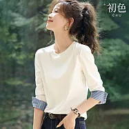 【初色】韓系通勤風休閒袖口拼接撞色條紋圓領T恤上衣女上衣-共2色-16779(M-2XL可選) M 白色