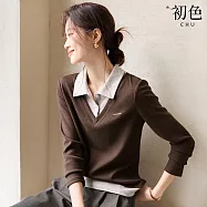 【初色】復古簡約撞色拼接假兩件POLO領長袖打底內搭修身T恤上衣女上衣-共2色-16774(M-2XL可選) XL 咖色