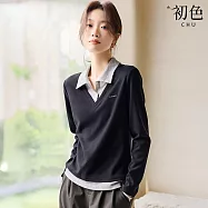 【初色】復古簡約撞色拼接假兩件POLO領長袖打底內搭修身T恤上衣女上衣-共2色-16774(M-2XL可選) 2XL 藏青色