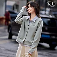 【初色】休閒風襯衫領長袖單排釦條紋假兩件拼接上衣外套女外套-綠色-16780(M-2XL可選) XL 綠色