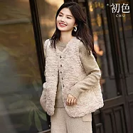 【初色】簡約休閒寬鬆絨毛口袋鈕扣圓領無袖馬甲背心女背心女外套-米杏色-16773(M-XL可選) L 米杏色