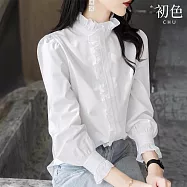 【初色】韓系純色寬鬆中長款荷葉邊單排釦半高花邊領長袖襯衫上衣女上衣-白色-16811(M-2XL可選) M 白色