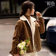 【初色】撞色口袋排釦翻領長袖寬鬆牛仔外套女外套-卡其色-16809(M-2XL可選) M 卡其色