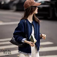 【初色】通勤風假兩件拼接格紋圓領排扣長袖休閒夾克外套女外套-藏青色-16781(M-2XL可選) XL 藏青色