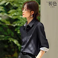 【初色】通勤風純色排釦翻領長袖襯衫上衣女上衣-深藍色-16788(M-2XL可選) 2XL 深藍色