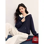 【MsMore】 減齡百搭親膚柔軟撞色連帽長袖上衣# 126791 M 藏青色