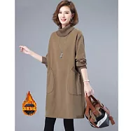 【ACheter】 寬鬆大碼高領純棉加絨加厚保暖連身裙洋裝# 126776 2XL 卡其色