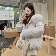 【MsMore】 仿狐狸毛領連帽短款羽絨棉寬鬆加厚保暖外套# 126829 M 藍色