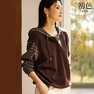 【初色】復古風鬆弛感拼接格紋假兩件下擺抽繩連帽長袖磨毛T恤上衣女上衣-咖色-16787(M-2XL可選) 2XL 咖色