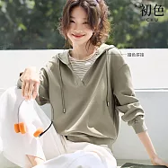 【初色】休閒風假兩件拼接條紋寬鬆抽繩連帽長袖衛衣上衣女上衣-共2色-16793(M-2XL可選) XL 灰綠色