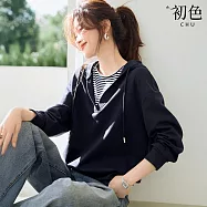 【初色】休閒風假兩件拼接條紋寬鬆抽繩連帽長袖衛衣上衣女上衣-共2色-16793(M-2XL可選) M 藏青色