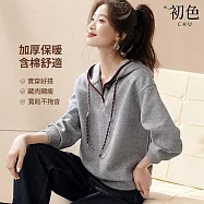 【初色】簡約素色撞色帽沿繫帶寬鬆長袖連帽上衣女上衣-灰色-16828(M-2XL可選) XL 灰色