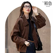 【初色】簡約純色翻領拉鍊長袖寬鬆口袋外套女外套-咖啡色-16805(M-2XL可選) M 咖啡色