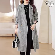 【初色】通勤風純色西裝領長袖雙排扣中長厚款西裝外套女外套-共4色-16698(M-2XL可選) XL 灰色