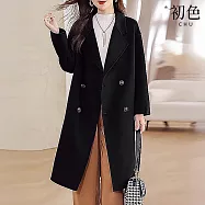 【初色】通勤風純色西裝領長袖雙排扣中長厚款西裝外套女外套-共4色-16698(M-2XL可選) L 黑色