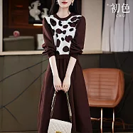 【初色】假兩件拼接撞色圓領長袖收腰針織連衣裙連身洋裝長洋裝-棕色-16695(F可選) F 棕色