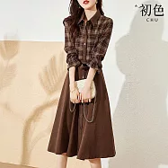 【初色】英倫風翻領單排釦收腰假兩件格紋拼接七分袖中長裙連衣裙連身洋裝-咖色-16697(M-2XL可選) M 咖色