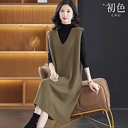 【初色】簡約純色V領外搭直筒針織背心裙連衣裙連身洋裝長洋裝-共4色-16767(F可選) F 黃駝色