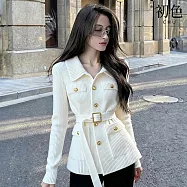 【初色】小香風純色翻領收腰排釦針織毛衣長袖上衣女上衣-白色-16763(F可選) F 白色