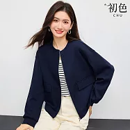 【初色】簡約純色寬鬆圓領拉鍊長袖口袋棒球外套女外套-共2色-16778(M-2XL可選) M 藍色