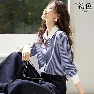 【初色】通勤風翻領條紋顯瘦單排釦長袖襯衫上衣女上衣-深藍條紋-16794(M-2XL可選) L 深藍條紋