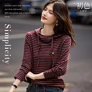 【初色】簡約撞色條紋寬鬆抽繩連帽長袖帽T上衣女上衣-紅色-16799(M-2XL可選) XL 紅色