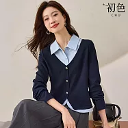 【初色】學院風翻領假兩件單排釦長袖襯衫上衣女上衣-寶藍色-16790(M-2XL可選) M 寶藍色