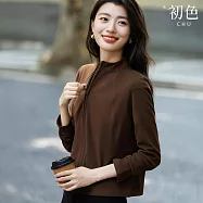 【初色】運動風簡約俐落純色弧線分割立領長袖德絨運動外套女外套-共2色-16791(M-2XL可選) M 咖色